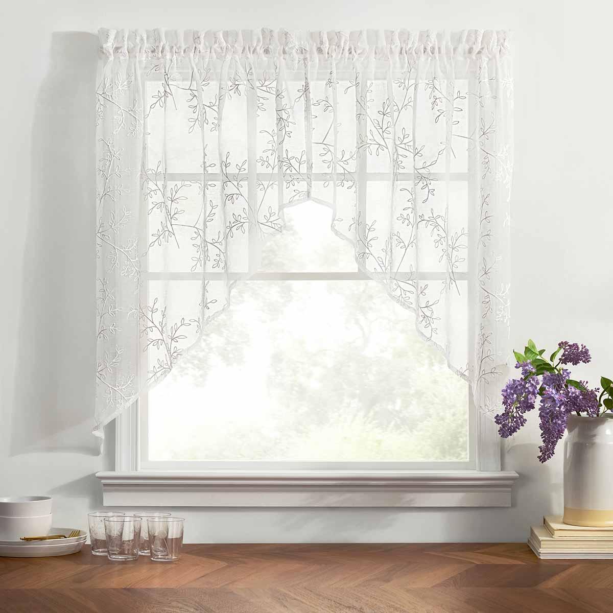 Ellis Curtain Brewster 100% Polyester Embroidered Sheer Rod Pocket Curtain Panel 52" x 63" - White