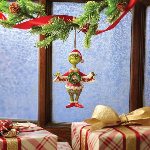 Jim Shore Grinch Holding Banner Christmas Ornament alternate view