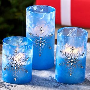Iced Glass Jeweled Snowflake Flameless LED Pillar Candles
