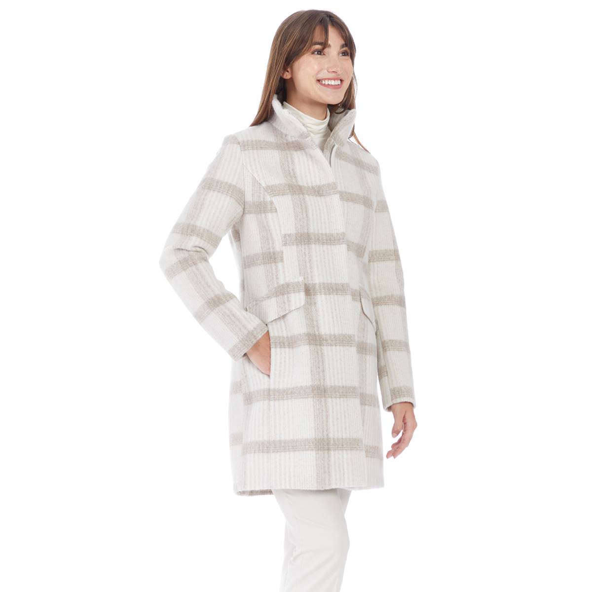 Womens Nine West Full Zip Faux Wool Plaid Coat