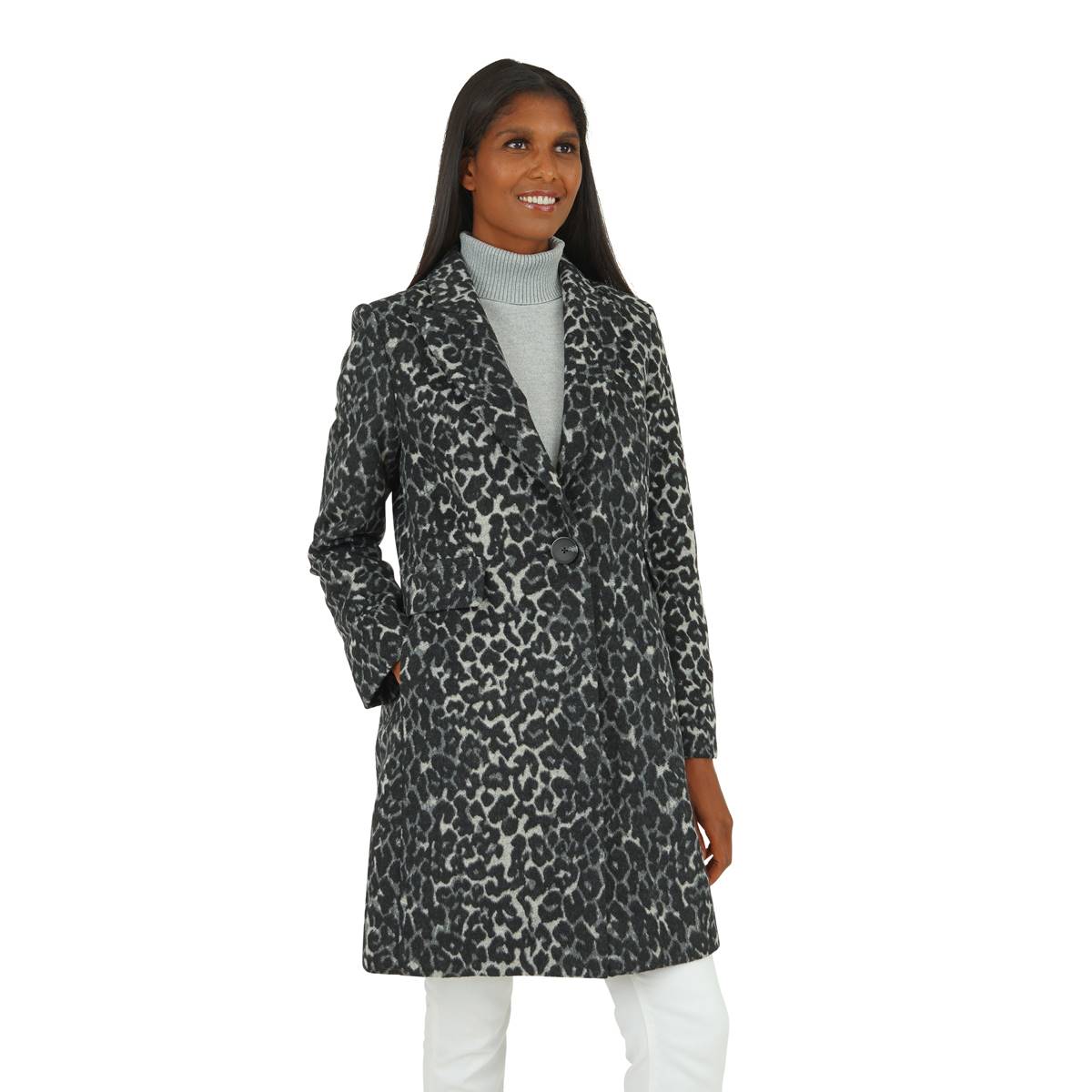 Womens Kensie Single Breasted Leopard Faux Wool Coat