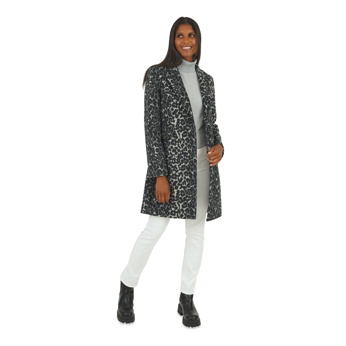 Womens Kensie Single Breasted Leopard Faux Wool Coat