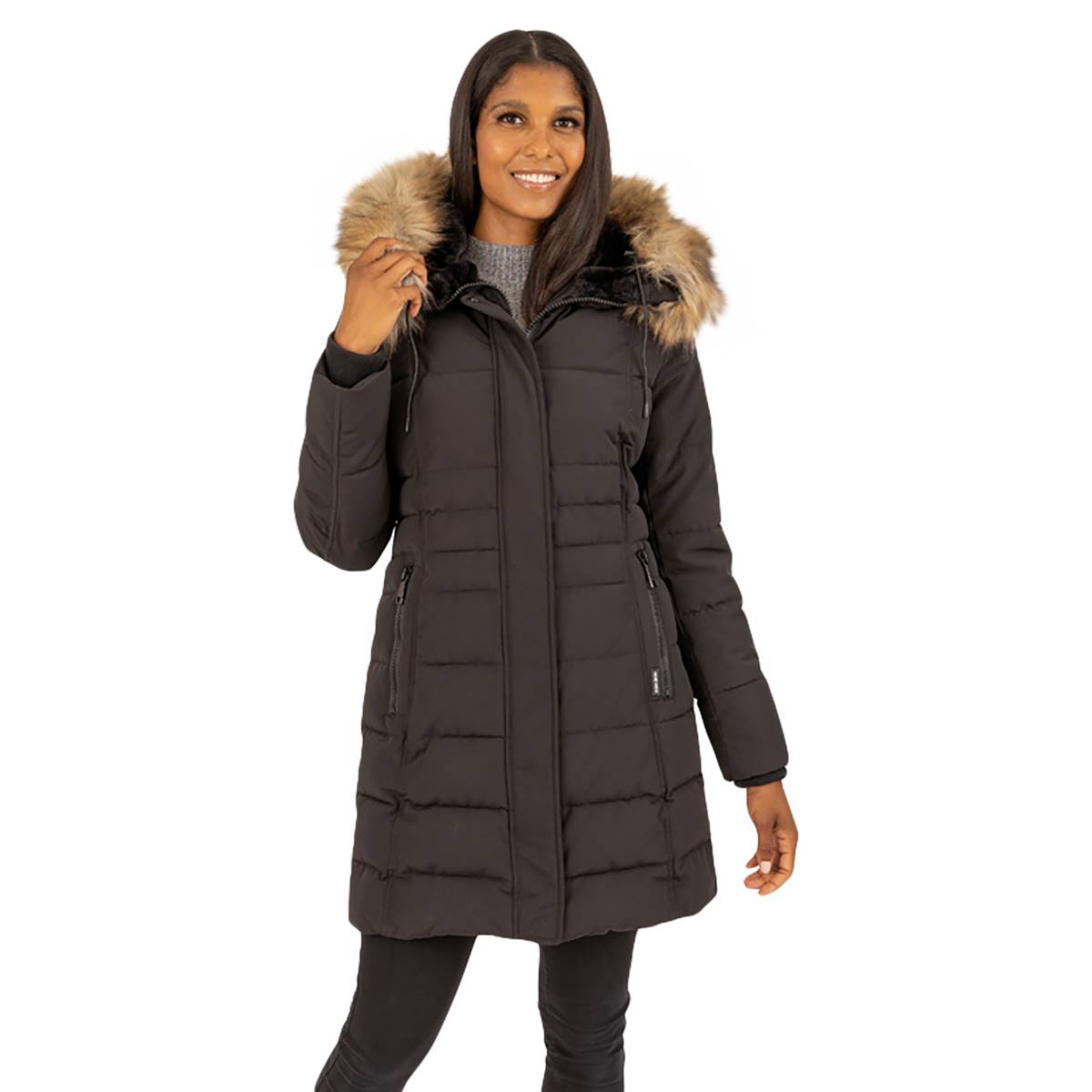 Womens Nine West Puffer Jacket W/Faux Fur Lined Hood