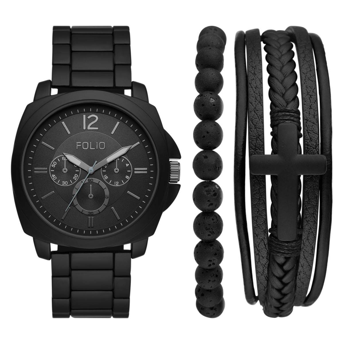 Mens Folio Black Alloy Three Hand Watch Gift Set - FMDFL6051