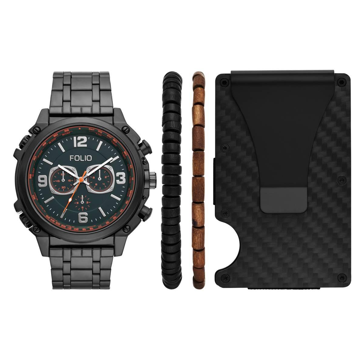 Mens Folio Watch/Bracelet/Metal Cardholder Set - FMDFL6063