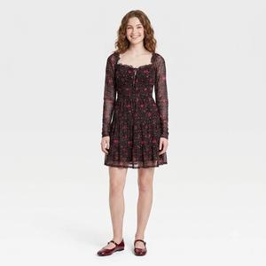 Juniors Jolt Long Sleeve Floral Print Smock Waist A-Line Dress