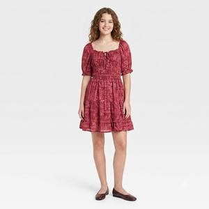 Juniors Jolt Puff Sleeve Ruch Waist A-Line Dress