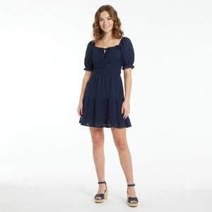 Juniors Jolt Puff Sleeve Ruch Waist Gauze A-Line Dress