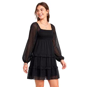 Juniors Jolt Long Sleeve Clip Dot Chiffon Babydoll Dress