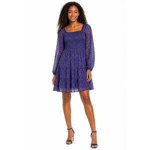 Juniors Jolt Long Sleeve Floral Pucker Chiffon Skater Dress alternate view