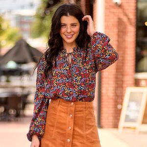 Womens Draper James Long Sleeve Floral Crepe Chiffon Blouse