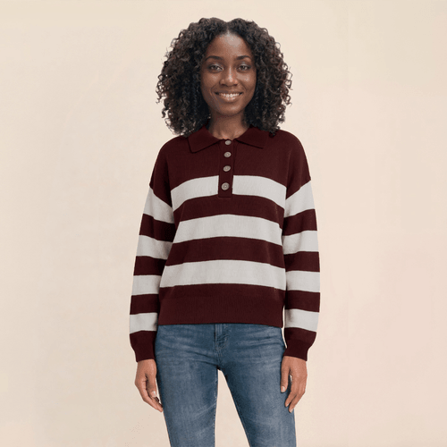 Womens Draper James Long Sleeve Polo Sweater - Maroon/Ivory