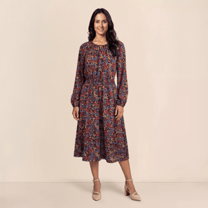 Womens Draper James Long Sleeve Floral Keyhole Neck Midi Dress
