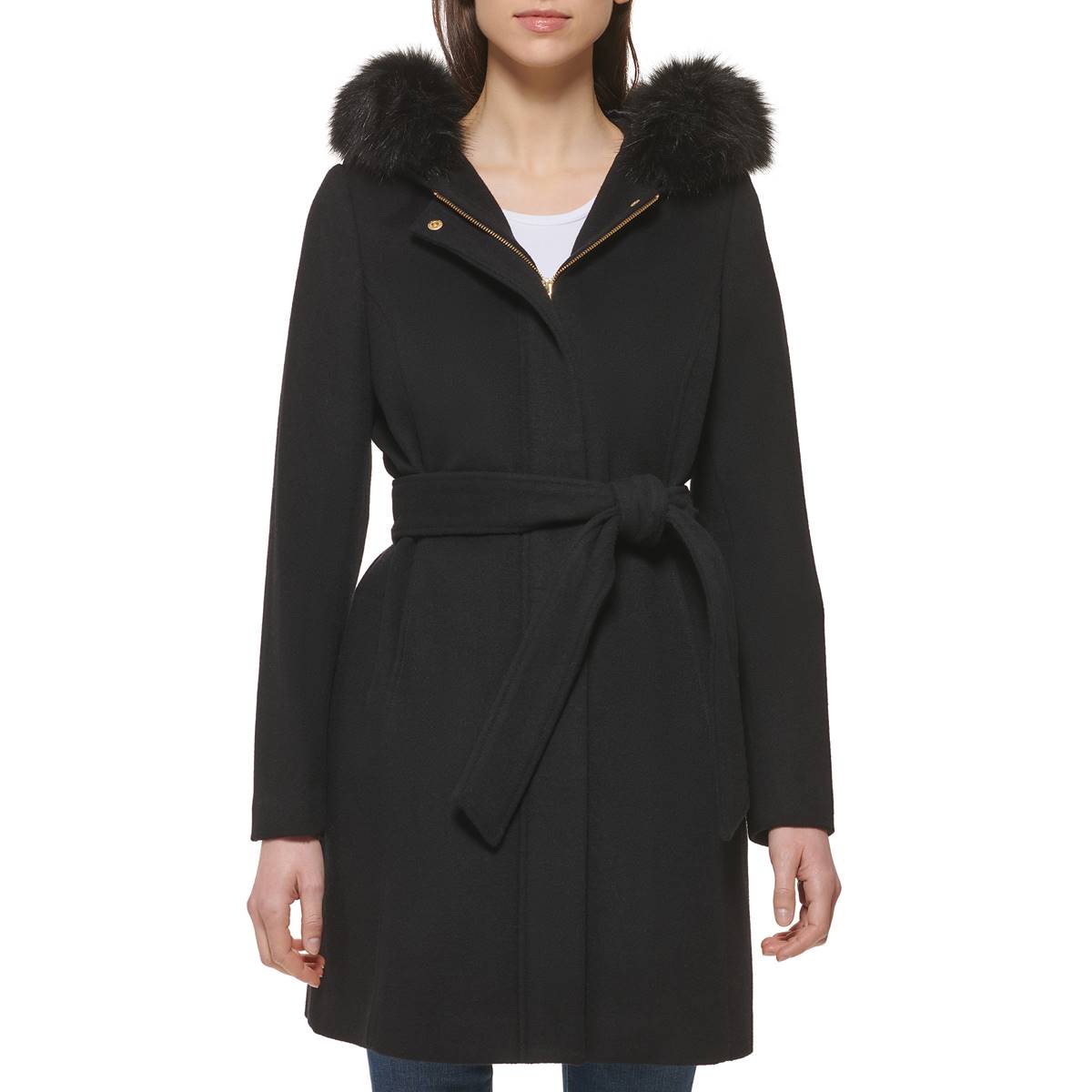 Womens Cole Haan Wool Coat With Faux Fur Trimmed Hood