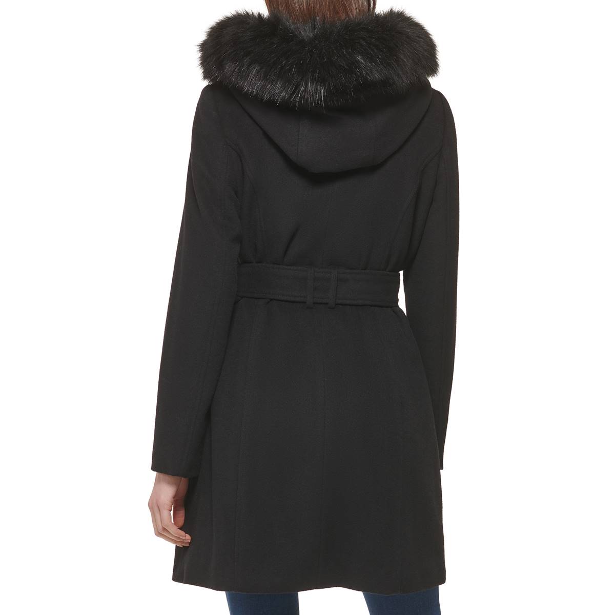 Womens Cole Haan Wool Coat With Faux Fur Trimmed Hood