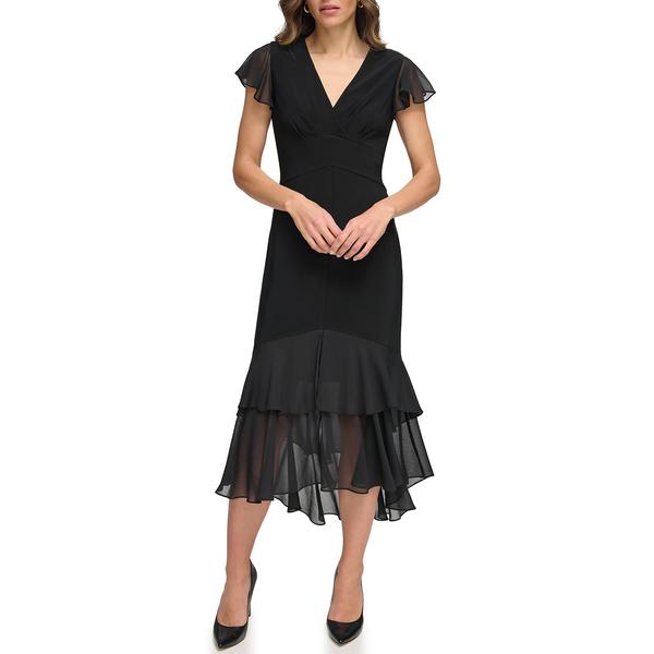 Womens Tommy Hilfiger Flutter Sleeve Mixed Media Midi Dress