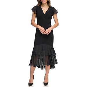 Womens Tommy Hilfiger Flutter Sleeve Mixed Media Midi Dress