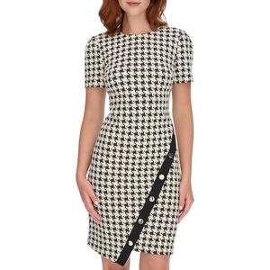 Womens Tommy Hilfiger Short Sleeve Houndstooth Asymmetric Dress