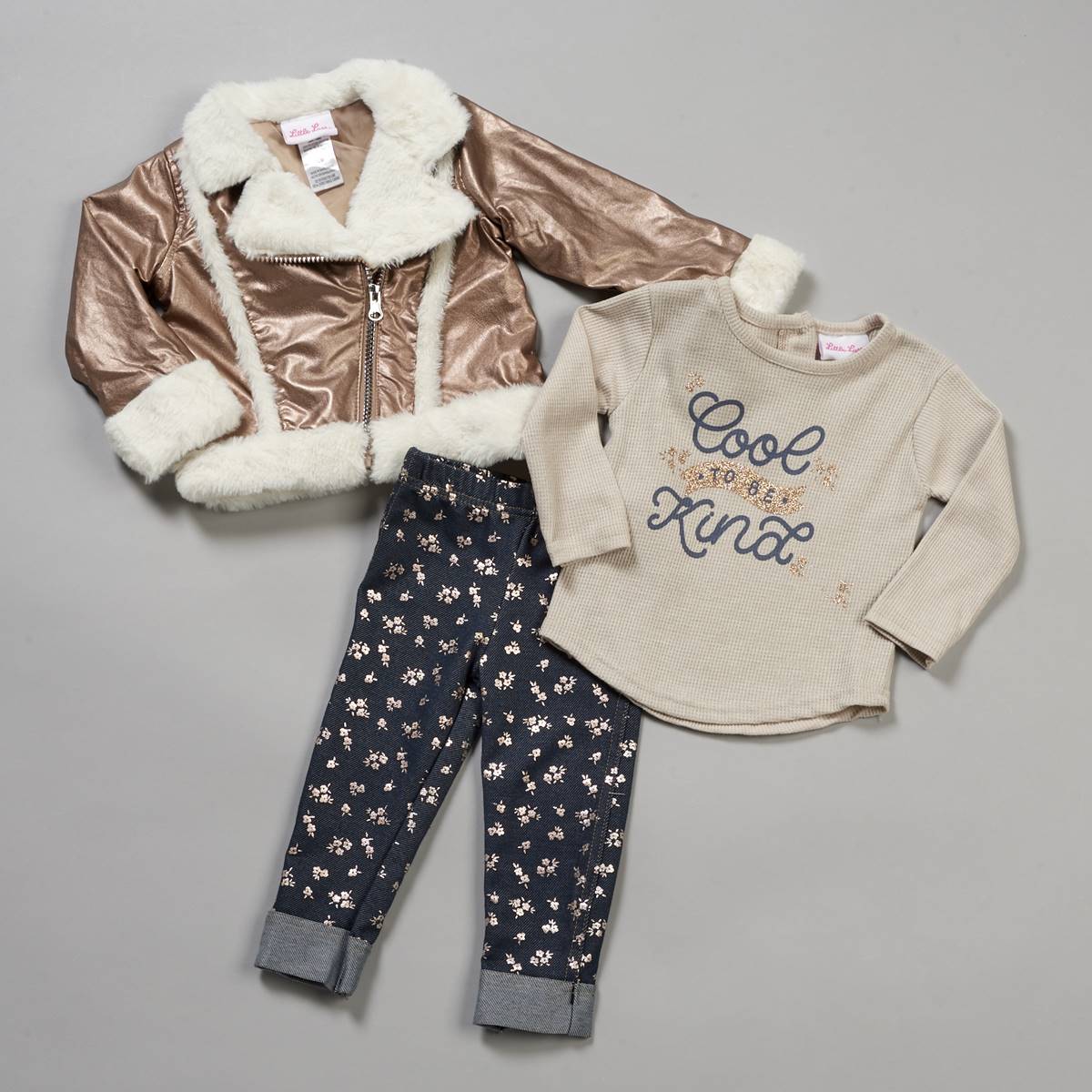 Toddler Girl Little Lass 3pc. Metallic Fur Jacket & Leggings Set