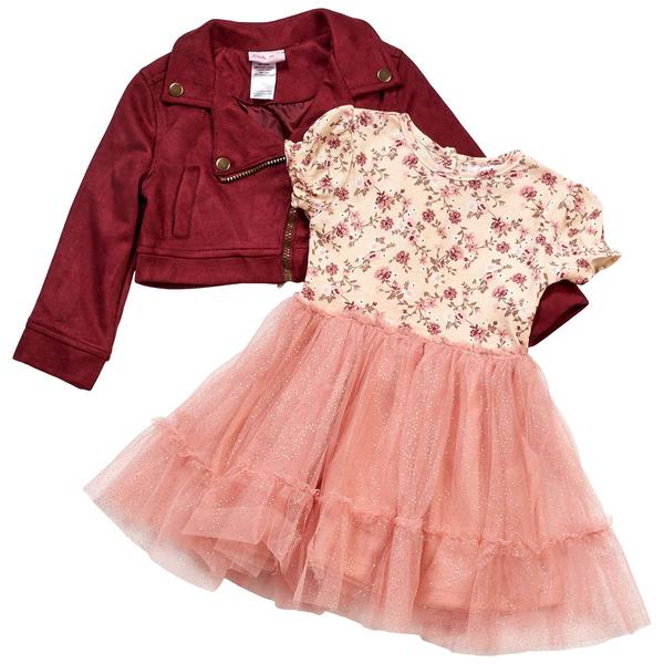 Toddler Girl Little Lass(R) Floral Tulle Dress w/ Faux Suede Jacket