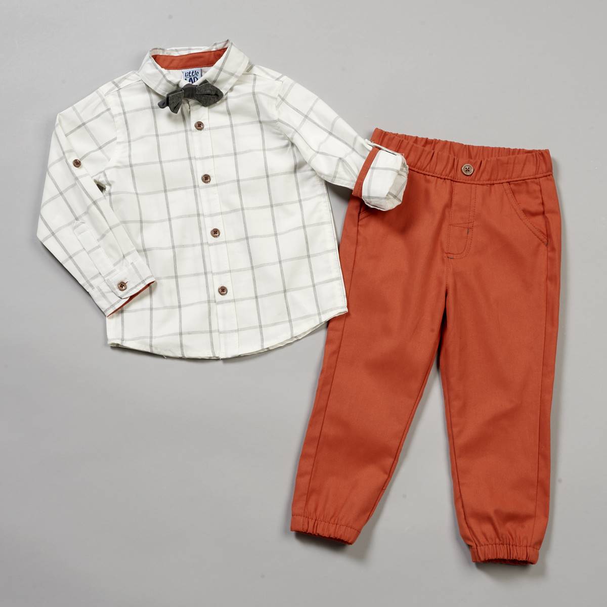 Toddler Boy Little Lad Check Top W/Bow Tie & Twill Pants Set