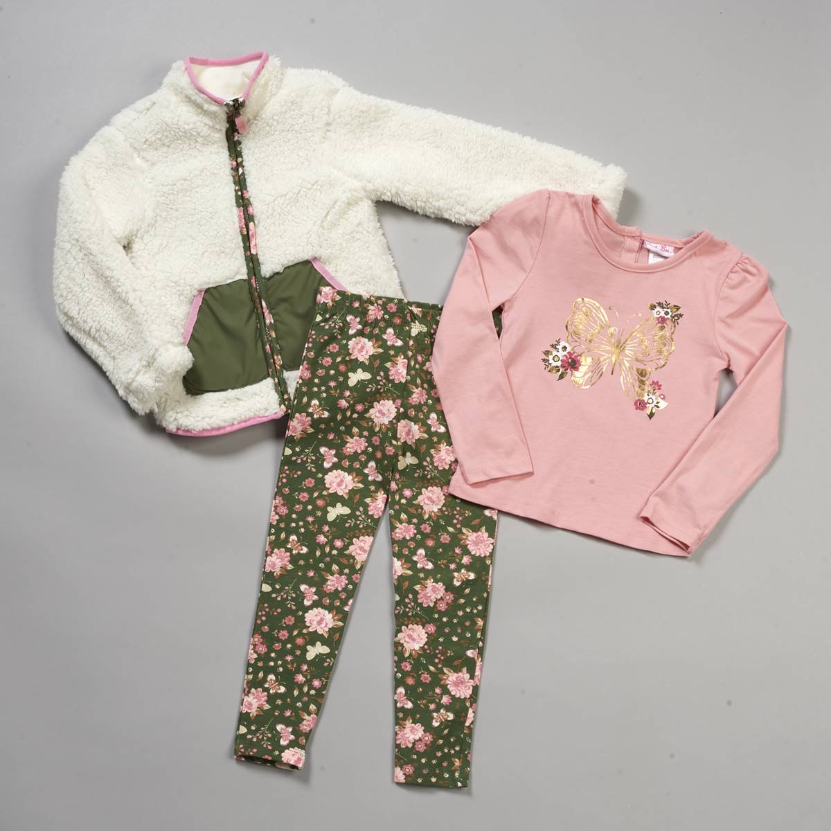Girls (4-6x) Little Lass 3pc. Fur Jacket & Butterfly Tee Set