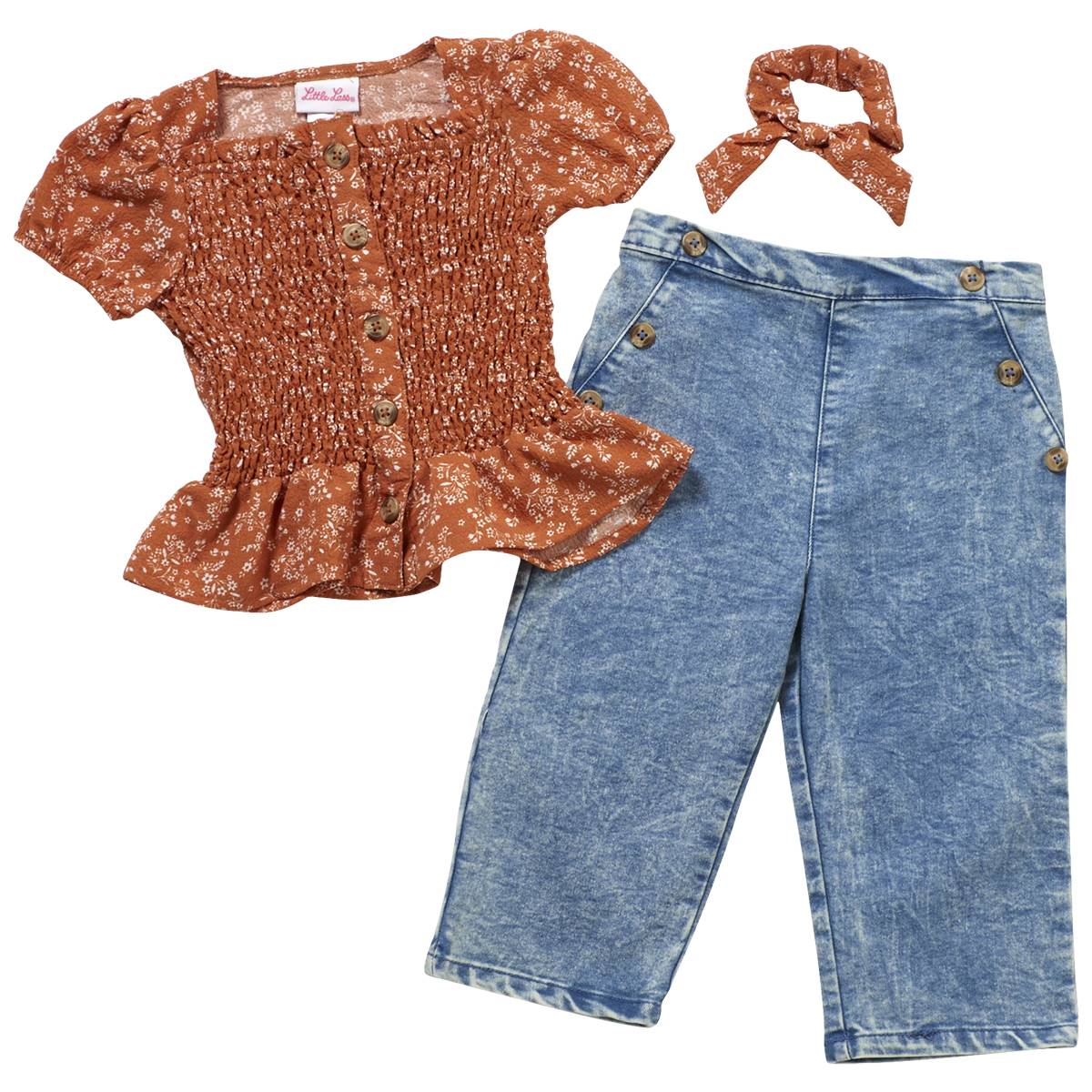 Girls (4-6x) Little Lass 2pc. Smocked Top Denim Culotte Set