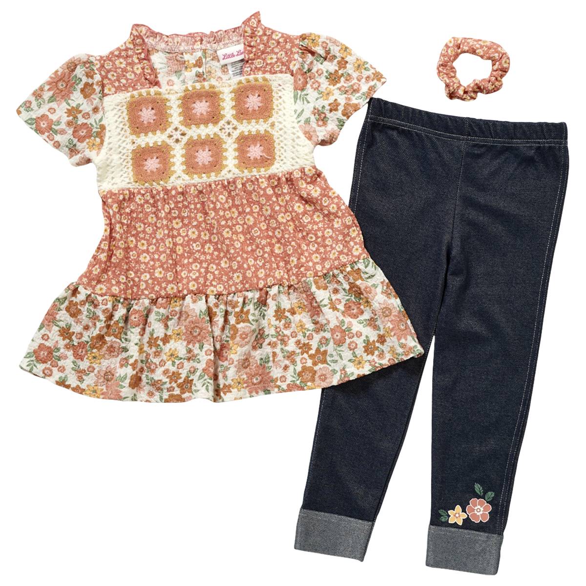 Girls (4-6x) Little Lass Crochet Floral Top & Denim Leggings Set
