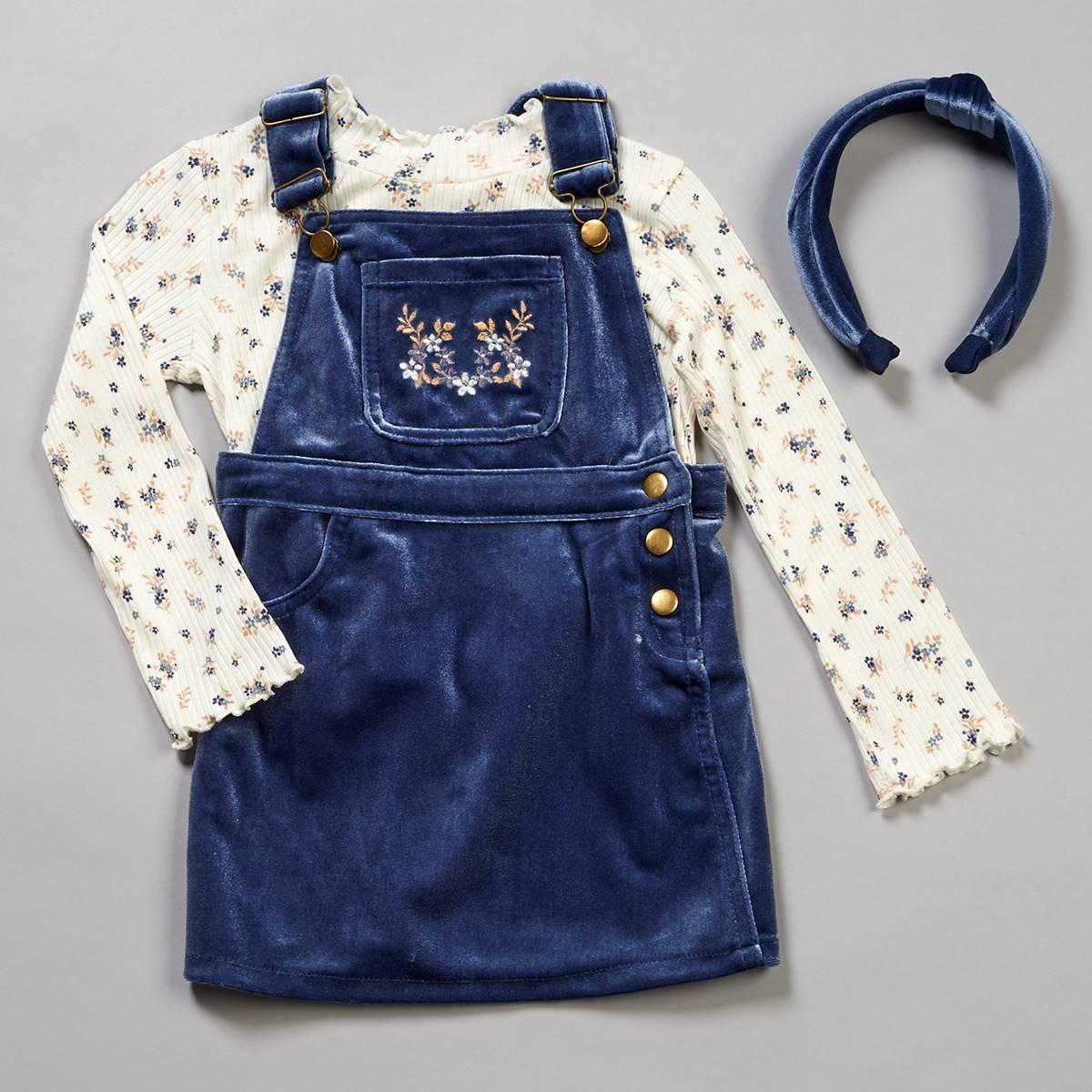 Girls (4-6x) Little Lass(R) Velvet Jumper & Floral Rib Knit Top