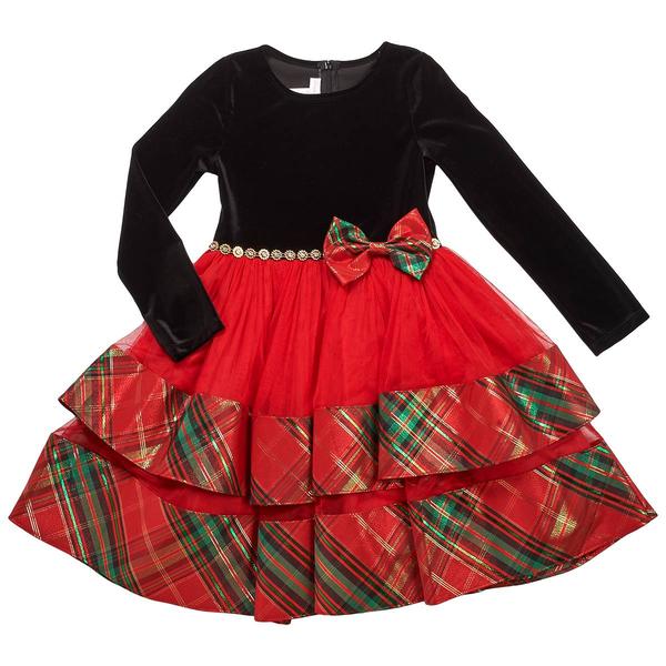 Girls (7-16) Bonnie Jean Velvet Tiered Mesh w/ Plaid Dress