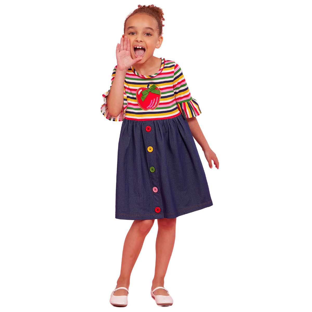 Girls (4-6x) Bonnie Jean Stripe To Denim Apple Applique Dress