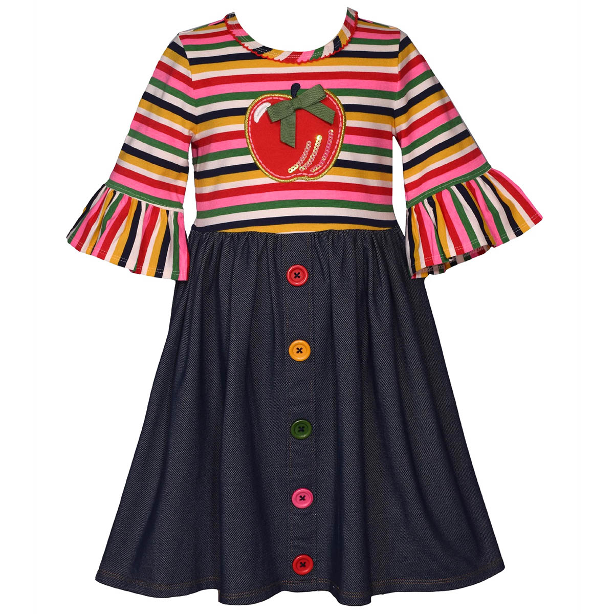 Girls (4-6x) Bonnie Jean Stripe To Denim Apple Applique Dress