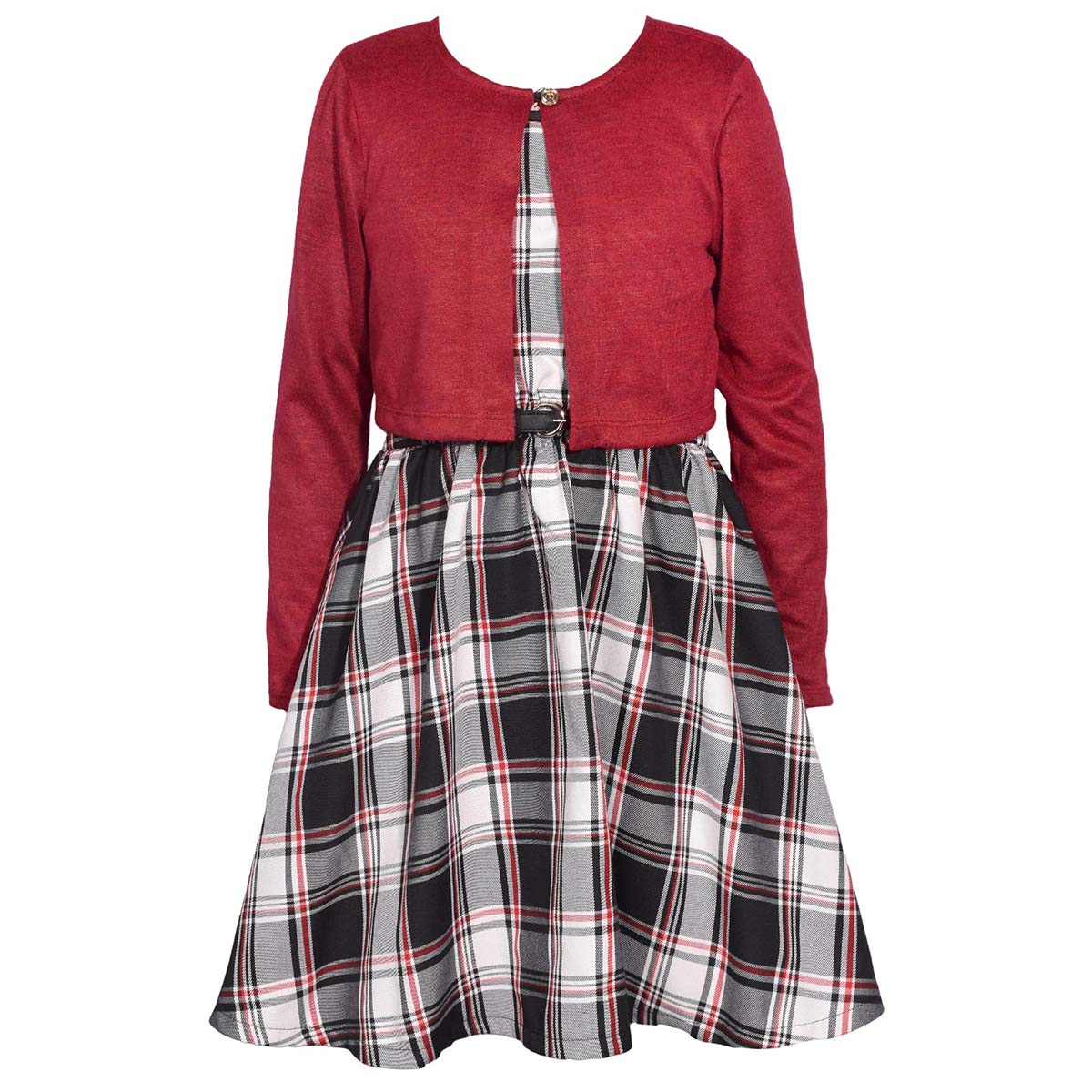 Girls (4-6x) Bonnie Jean Plaid Belted Dress W/ Cardigan Sweater