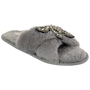 Womens Jessica Simpson Beaded Bow Plush Cross Strap Slippers