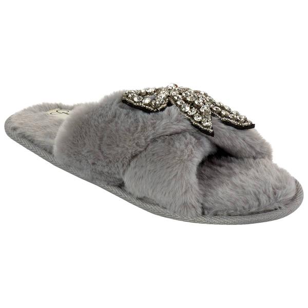 Womens Jessica Simpson Beaded Bow Plush Cross Strap Slippers