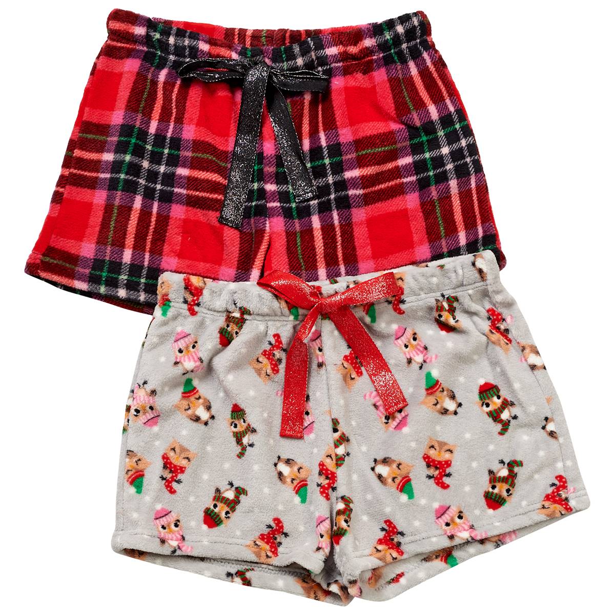 Juniors Pillow Talk 2pk. Plaid & Holiday Owls Plush Pajama Shorts