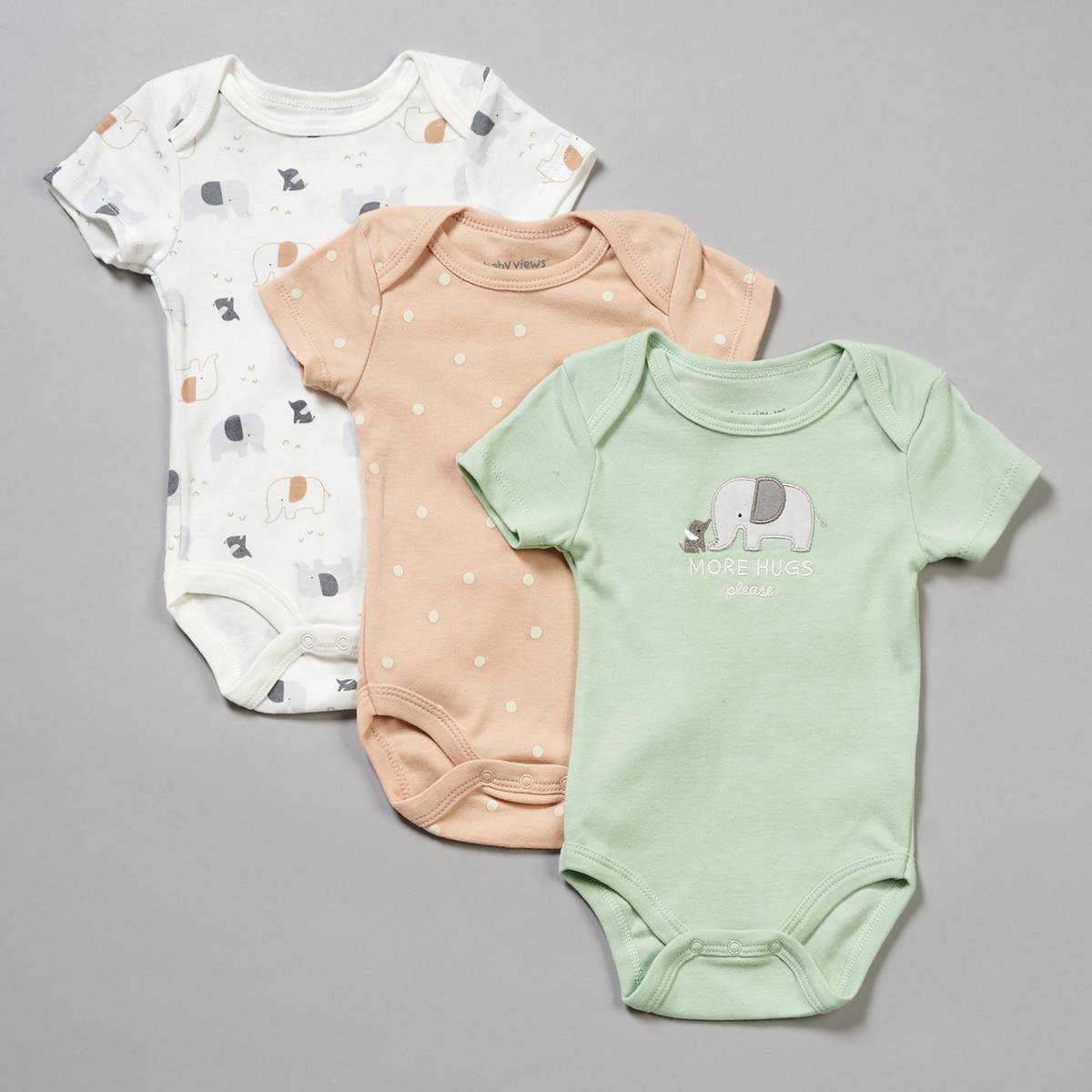 Baby Unisex (NB-9M) Baby Views(R) 3pk. More Hugs Elephant Bodysuits