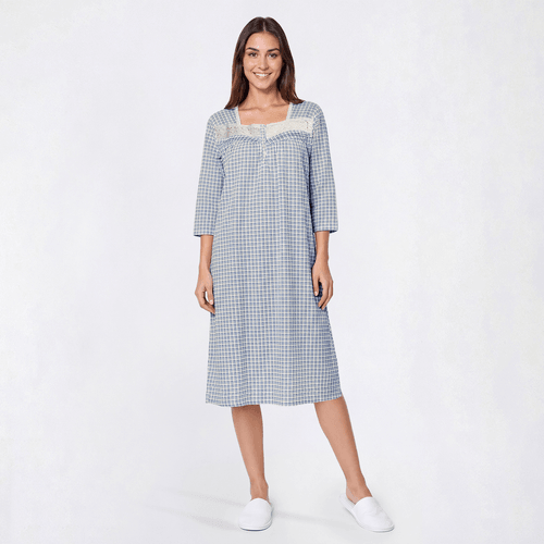 Womens Sophia 3/4 Sleeve Plaid Lace Trim Henley Nightgown