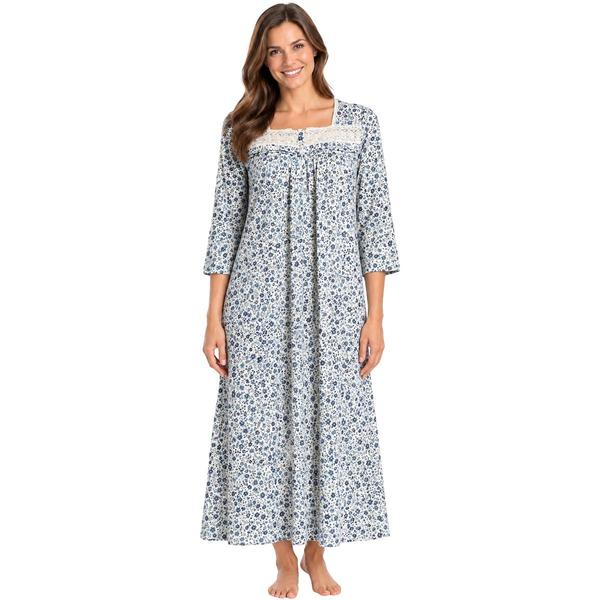 Womens Sophia 3/4 Sleeve Floral Lace Trim Henley Nightgown