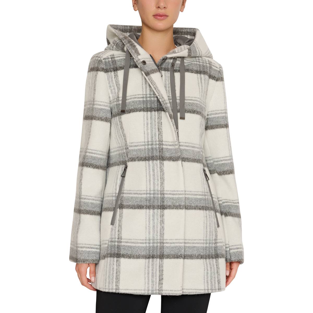 Womens Maralyn & Me Zip Front Faux Wool Coat With Hood