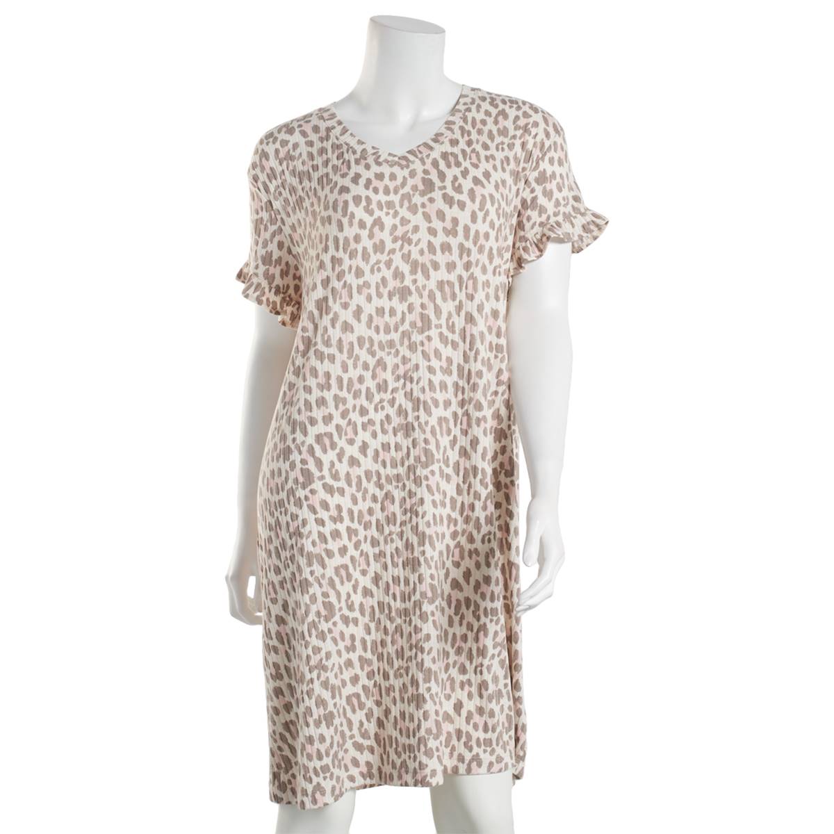 Womens Jaclyn Bria Leopard Short Sleeve Rib Nightshirt