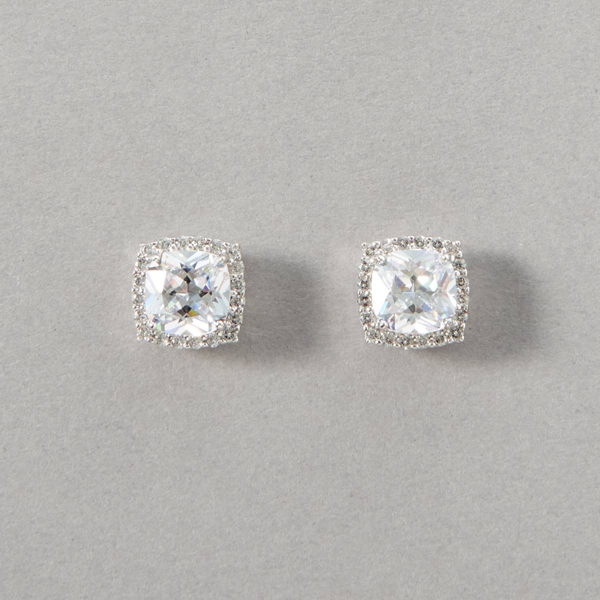 Rhodium Plated Cushion CZ Halo Post Stud Earrings