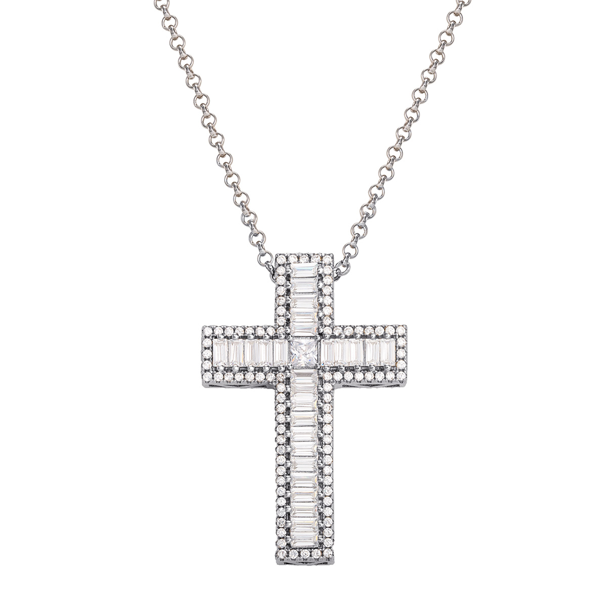 Splendere Sterling Silver CZ Baguette Cross Pendant Necklace