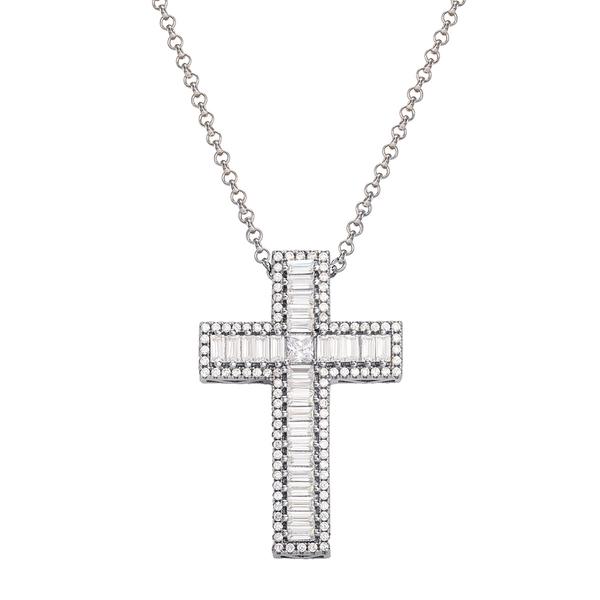 Splendere Sterling Silver CZ Baguette Cross Pendant Necklace