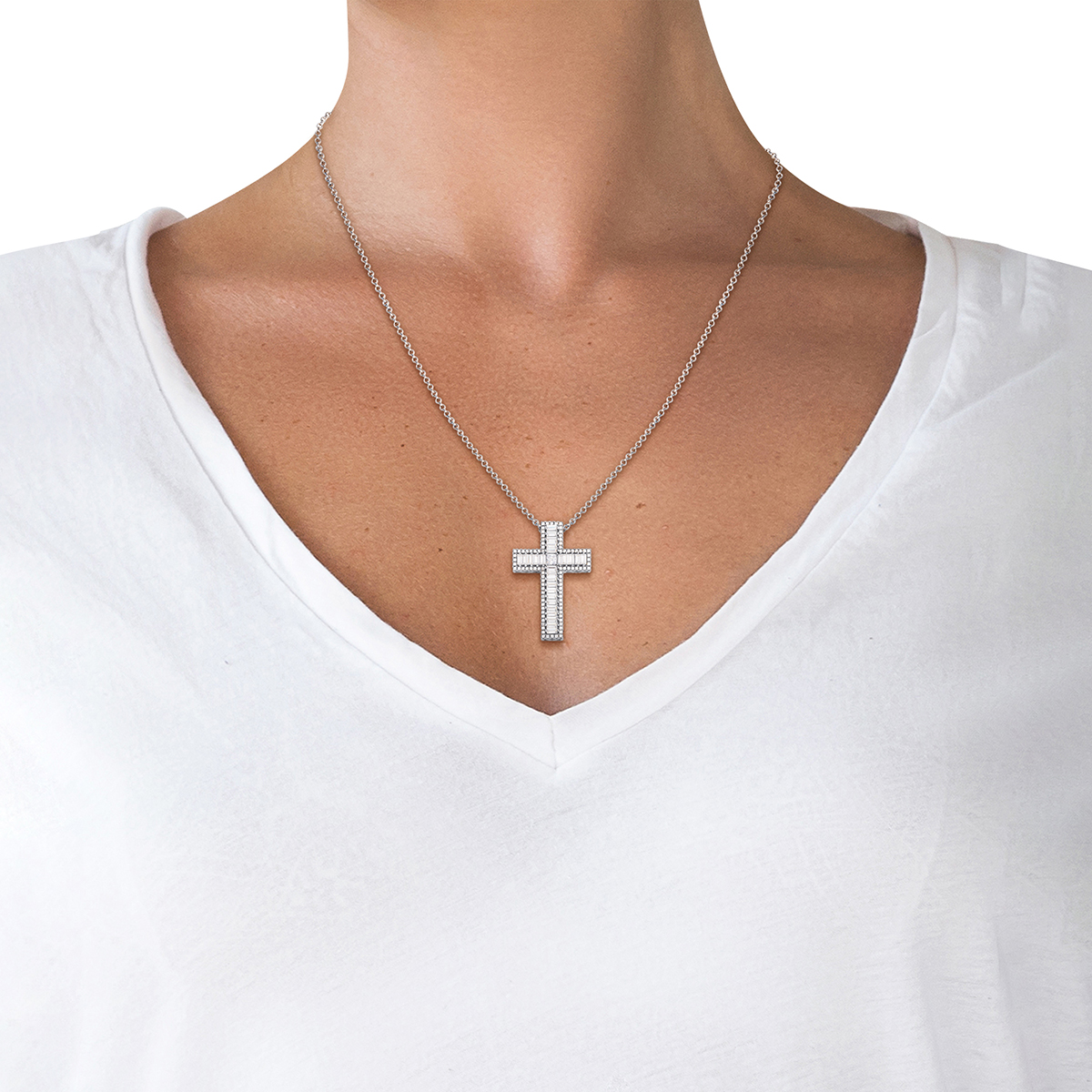 Splendere Sterling Silver CZ Baguette Cross Pendant Necklace