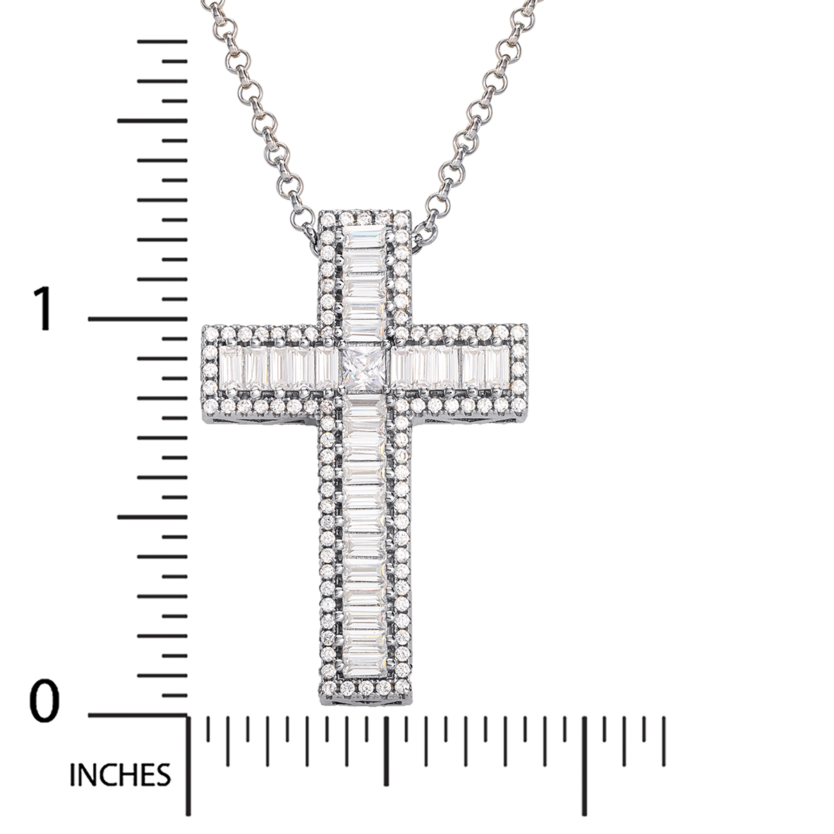 Splendere Sterling Silver CZ Baguette Cross Pendant Necklace