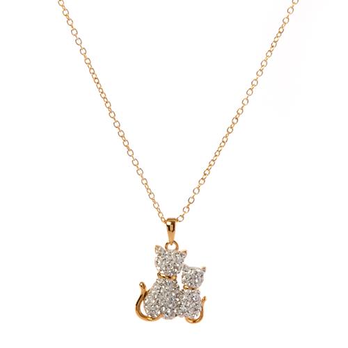 Yellow Gold Plated Clear Crystal Twin Cat Pendant