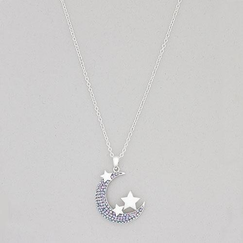 Silver Plate Brass Moon & Star Pendant Necklace