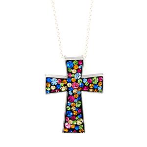 Silver Plated Brass & Confetti Crystal Cross Pendant Necklace