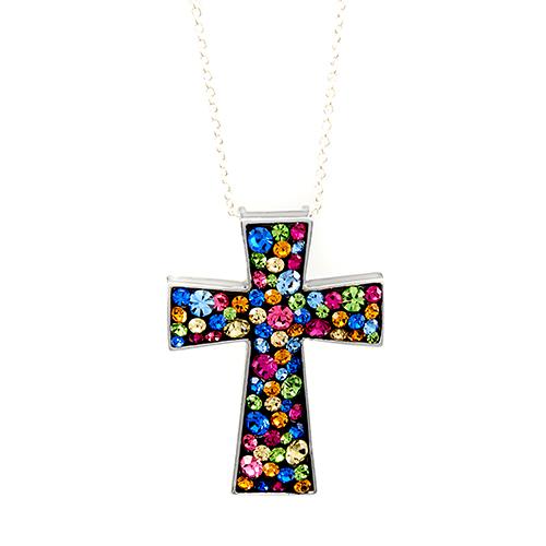 Silver Plated Brass & Confetti Crystal Cross Pendant Necklace